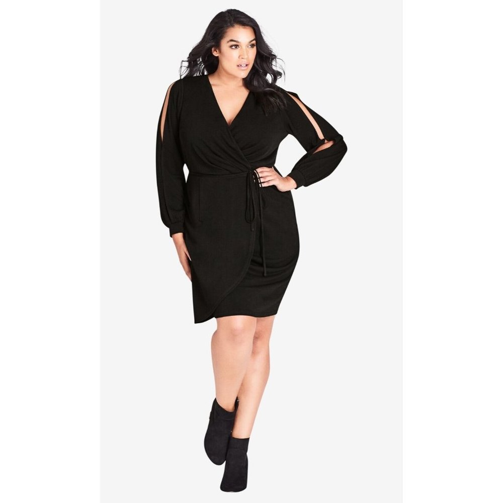 NWT City Chic Women's Split Sleeve Faux Wrap Dress Size 14 Black Stretch